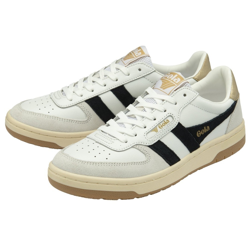 Gola Hawk Leather Sneakers White Black Gold Retro Court Shoes CLB336 Womens 7
